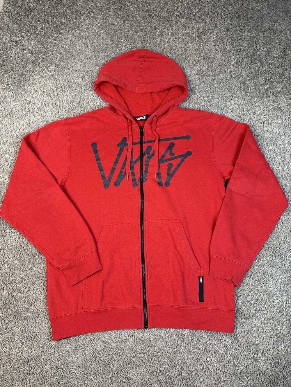 VANS Hoodie Mens L Red Full Zip Hooded Pockets Fleece Graphic Drawstring Logo